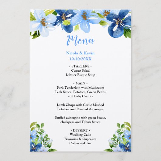 Blue and Navy Flowers with Foliage  Menu (Voorkant)