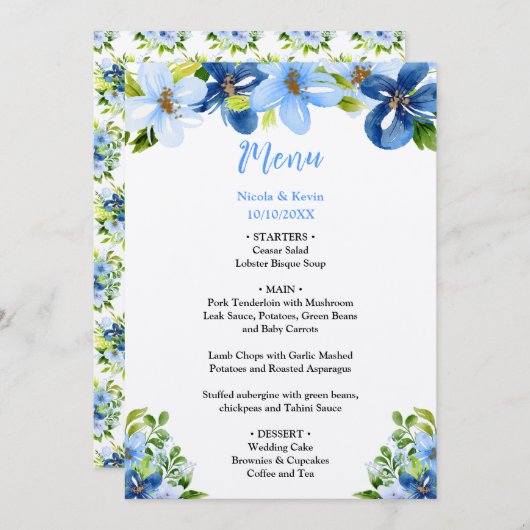 Blue and Navy Flowers with Foliage  Menu (Voorkant / Achterkant)