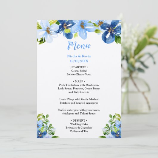 Blue and Navy Flowers with Foliage  Menu (Staand voorkant)