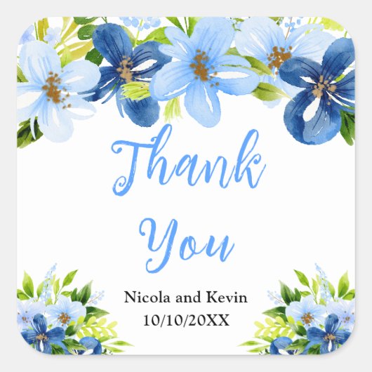 Blue and Navy Flowers with Foliage  Vierkante Sticker (Voorkant)