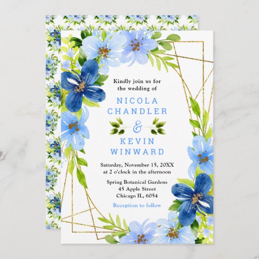 Blue and Navy Flowers with Foliage Wedding Kaart (Voorkant / Achterkant)