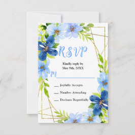 Blue and Navy Flowers with Foliage Wedding RSVP Kaartje