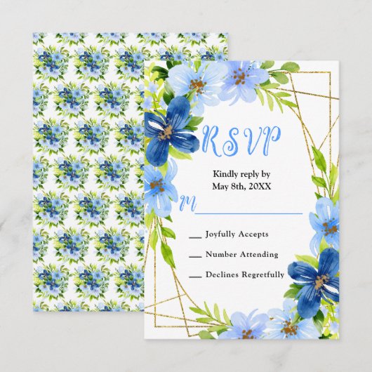 Blue and Navy Flowers with Foliage Wedding RSVP Kaartje (Voorkant / Achterkant)