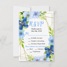Blue and Navy Flowers with Foliage Wedding RSVP Kaartje