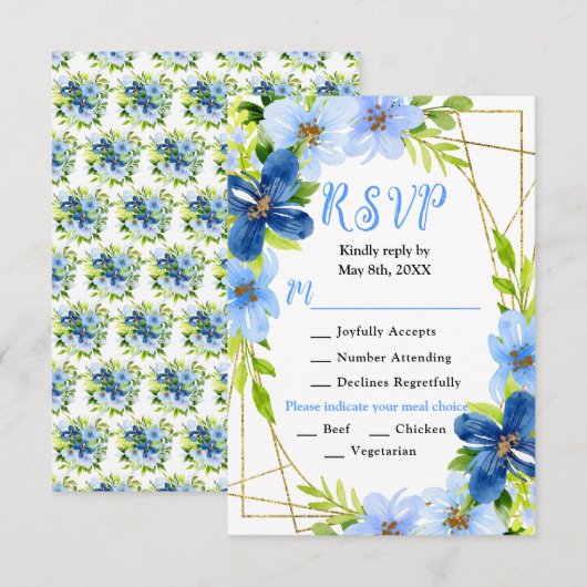 Blue and Navy Flowers with Foliage Wedding RSVP Kaartje (Voorkant / Achterkant)