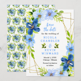 Blue and Navy Flowers with Foliage Wedding Save The Date