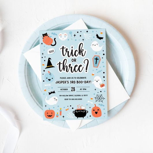 Blue and Orange Halloween 3rd Birthday Invitation Kaart