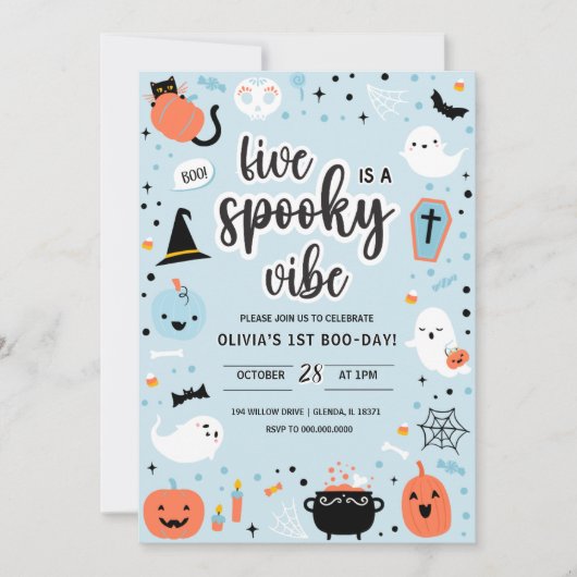 Blue and Orange Halloween 5th Birthday Invitation  Kaart (Voorkant)