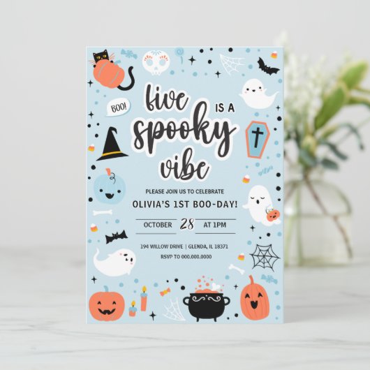 Blue and Orange Halloween 5th Birthday Invitation  Kaart (Staand voorkant)