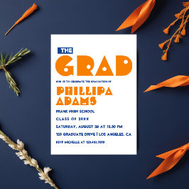 Blue and Oranje Typography Graduation Party Kaart