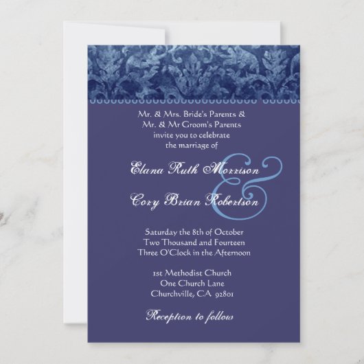 Blue and Paars Damask Wedding Invitation R431 Kaart (Voorkant)