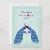 Blue and Paars Lovebird Peacocks Wedding Kaart (Achterkant)