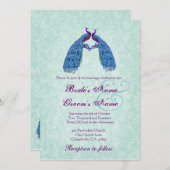 Blue and Paars Lovebird Peacocks Wedding Kaart (Voorkant / Achterkant)