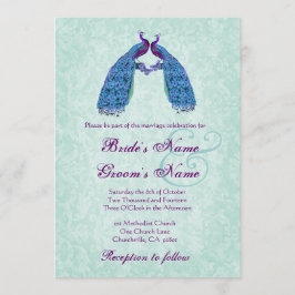 Blue and Paars Lovebird Peacocks Wedding Kaart