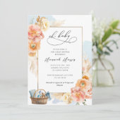 Blue and Peach Floral Boy Baby shower Invitation Kaart (Staand voorkant)