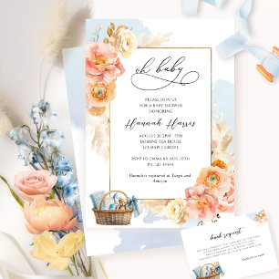 Blue and Peach Floral Boy Baby shower Invitation Kaart