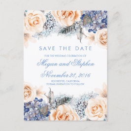Blue and Peach Flowers Waterverf Bewaar de datum Aankondigingskaart