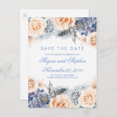Blue and Peach Flowers Waterverf Bewaar de datum Aankondigingskaart (Voorkant / Achterkant)