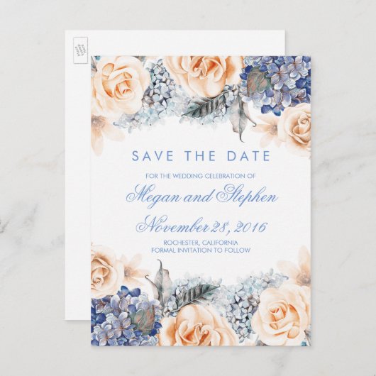 Blue and Peach Flowers Waterverf Bewaar de datum Aankondigingskaart (Voorkant / Achterkant)