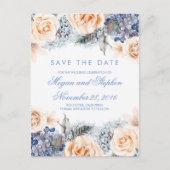 Blue and Peach Flowers Waterverf Bewaar de datum Aankondigingskaart (Voorkant)