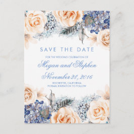 Blue and Peach Flowers Waterverf Bewaar de datum Aankondigingskaart