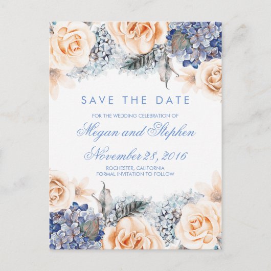 Blue and Peach Flowers Waterverf Bewaar de datum Aankondigingskaart (Voorkant)