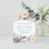 Blue and Peach Flowers Waterverf Bewaar de datum Aankondigingskaart (Staand voorkant)
