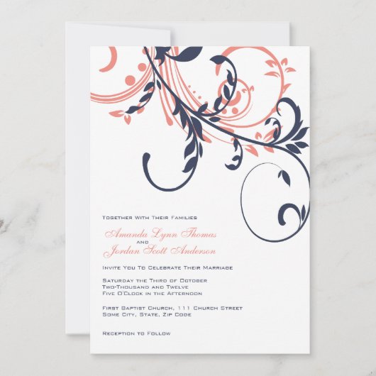 Blue and Pink Double Floral Wedding Invitation Kaart (Voorkant)