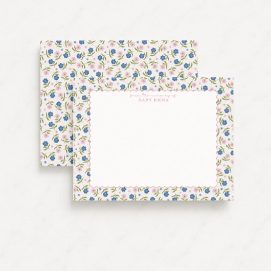 Blue and Pink Floral Hand Drawn Scallop note card Kaart