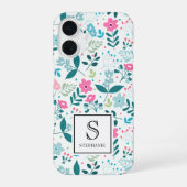 Blue and Pink Floral Pattern with Monogram Name iPhone 16 Hoesje (Achterkant)