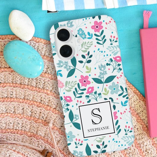 Blue and Pink Floral Pattern with Monogram Name iPhone 16 Hoesje