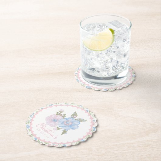 Blue and Pink Grandmillennial Floral Sweet 16 Kartonnen Onderzetters (Insitu)