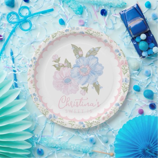 Blue and Pink Grandmillennial Floral Sweet 16 Papieren Bordje (Feest)