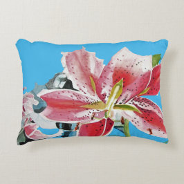 Blue and Pink Lily Lillies Waterverf Cushion Accent Kussen