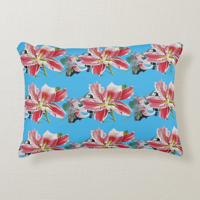 Blue and Pink Lily Lillies Waterverf Cushion Accent Kussen (Voorkant)