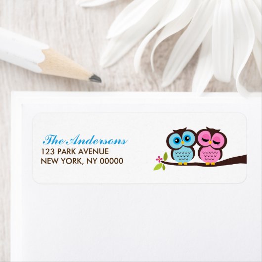 Blue and Pink Owls Wedding Etiket (Insitu)