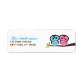Blue and Pink Owls Wedding Etiket (Voorkant)
