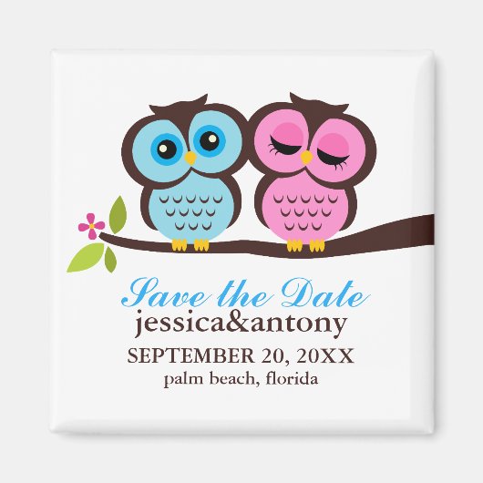 Blue and Pink Owls Wedding Magneet (Voorkant)