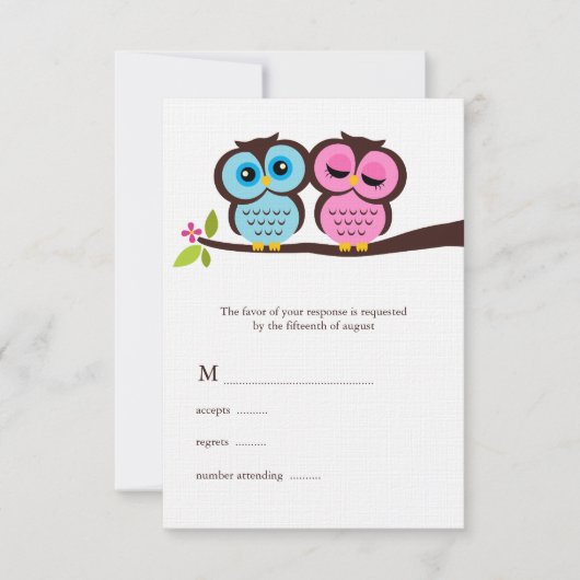 Blue and Pink Owls Wedding RSVP Kaartje (Voorkant)