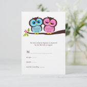 Blue and Pink Owls Wedding RSVP Kaartje (Staand voorkant)