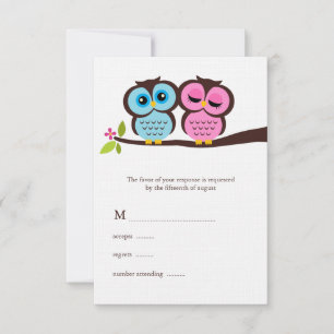 Blue and Pink Owls Wedding RSVP Kaartje