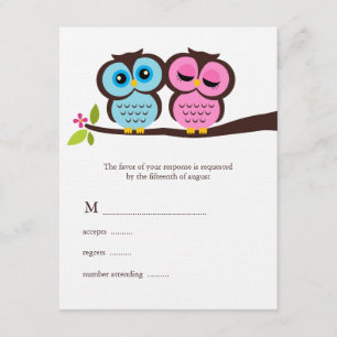 Blue and Pink Owls Wedding RSVP Kaartje