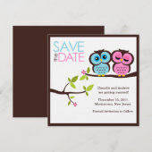 Blue and Pink Owls Wedding Save The Date (Voorkant / Achterkant)