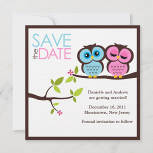 Blue and Pink Owls Wedding Save The Date