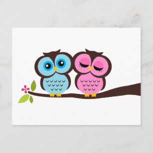 Blue and Pink Owls Wedding Uitnodiging Briefkaart