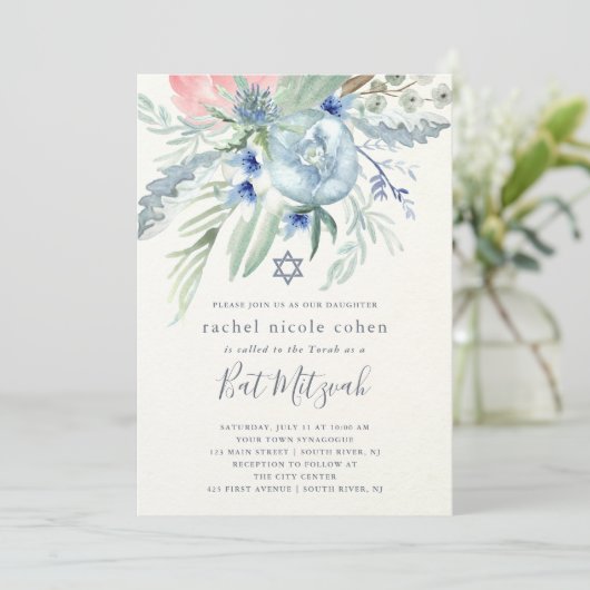 Blue and Pink Peony Bat Mitzvah Kaart (Staand voorkant)
