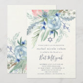 Blue and Pink Peony Bat Mitzvah Kaart (Voorkant / Achterkant)