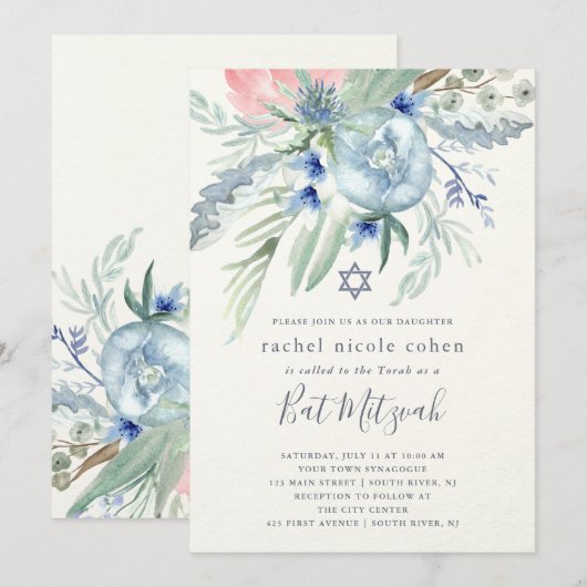 Blue and Pink Peony Bat Mitzvah Kaart (Voorkant / Achterkant)