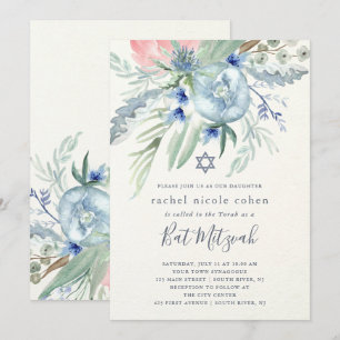 Blue and Pink Peony Bat Mitzvah Kaart