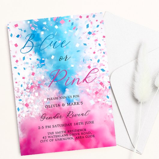 Blue and Pink Smoke and Confetti Gender Reveal Kaart